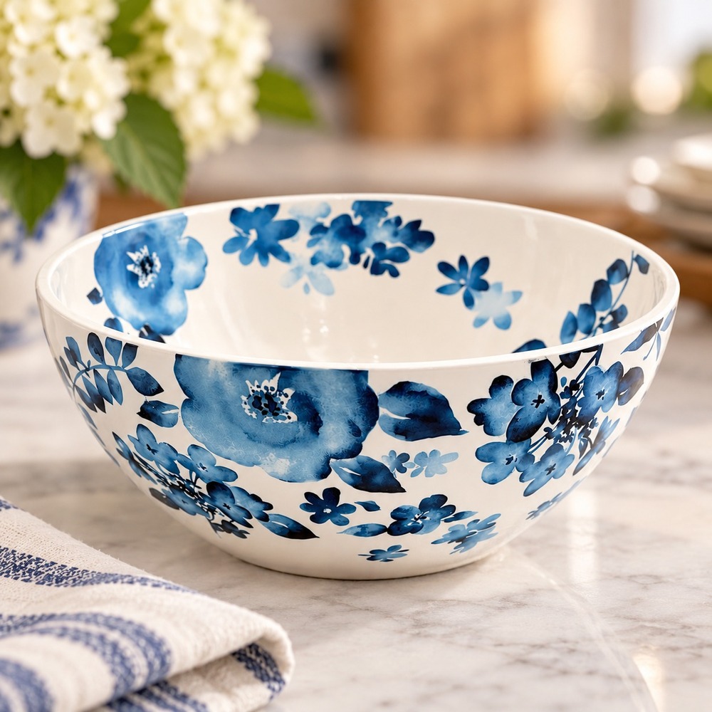 Pier 1 Azure Floral Serving Bowl 9" Blue White Ironstone Discontinued HTF Flawed